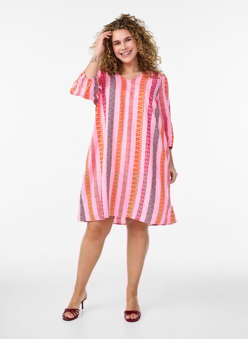 Short dress in linen and viscose with 3/4 sleeves, Pink, Model image number 0