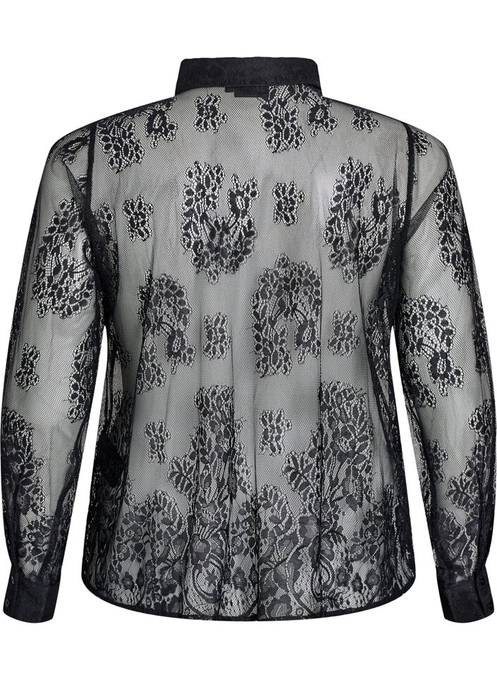 Transparent lace shirt with long sleeves, Black, Packshot image number 1