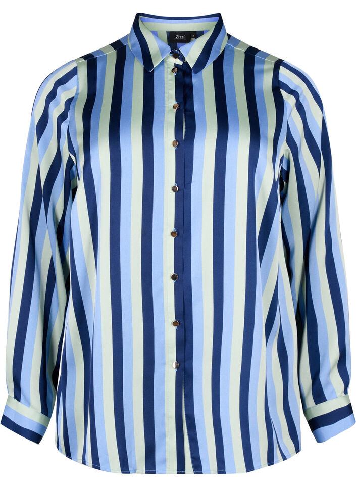 Striped satin shirt with collar, Blue Stripe, Packshot image number 0