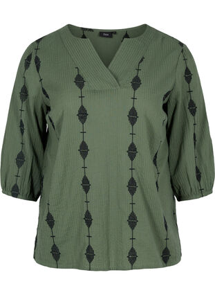 Blouse with pattern, v-neck and 3/4 sleeves, Thyme, Packshot image number 0