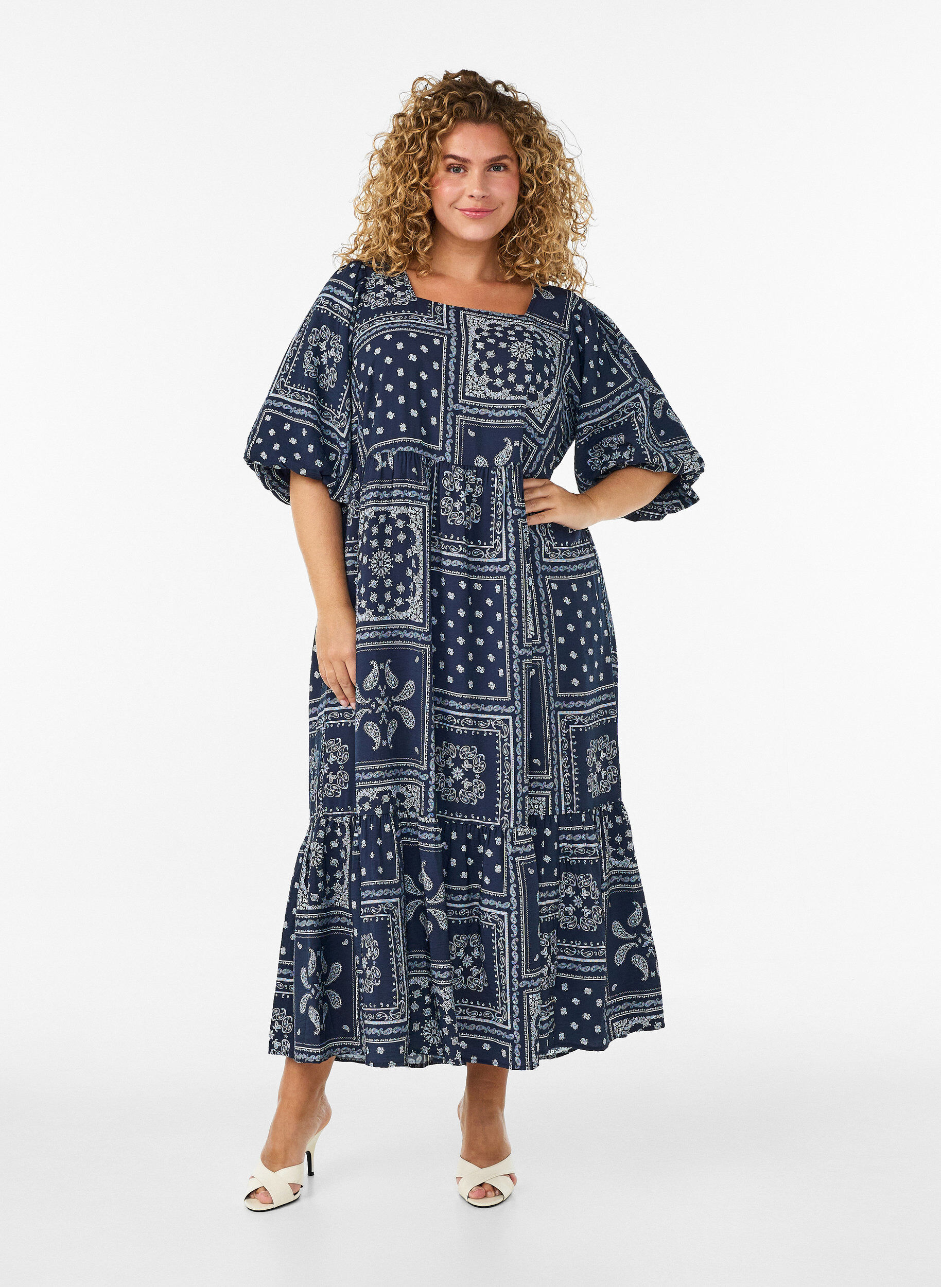 ZizzifashionAnkle-length dress in viscose with paisley print and short sleeves, Blue, Model image number 0