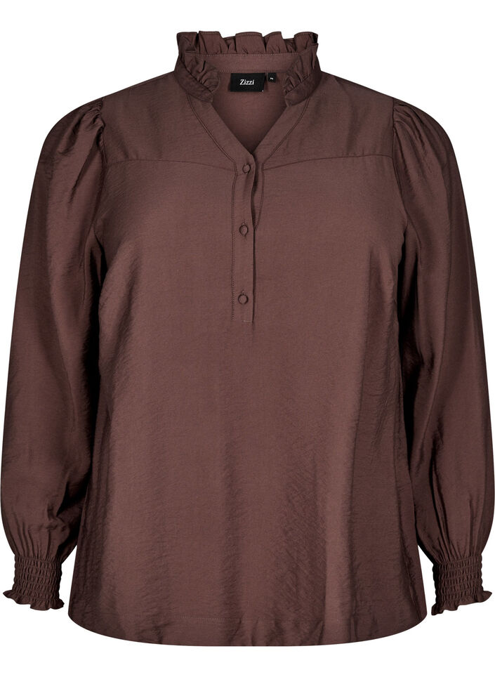 Blouse with ruffle collar, Brown, Packshot image number 0