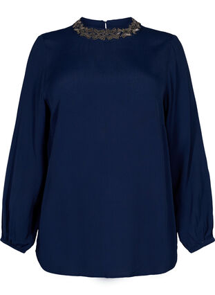 Long-sleeved viscose blouse with pearls, Navy Blazer, Packshot image number 0