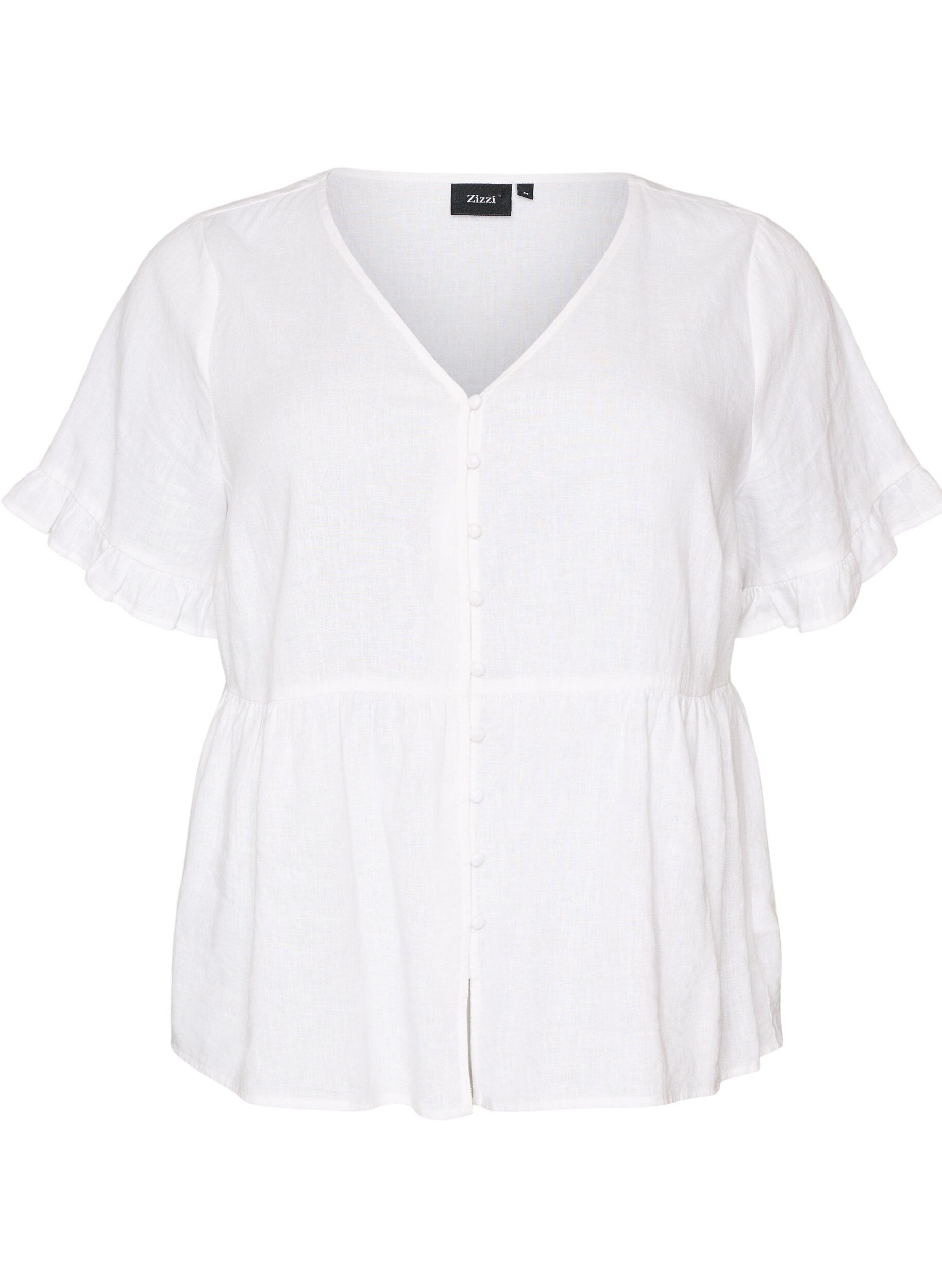 Zizzifashion Blouse in linen and viscose with a V-neck and button fastening, White, Packshot image number 0