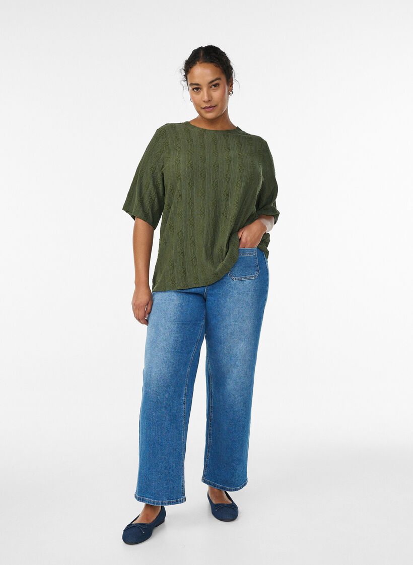 Blouse with textured pattern and short sleeves, Green, Model image number 1