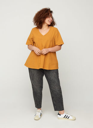 Short-sleeved blouse in cotton, Buckthorn Brown, Model image number 2