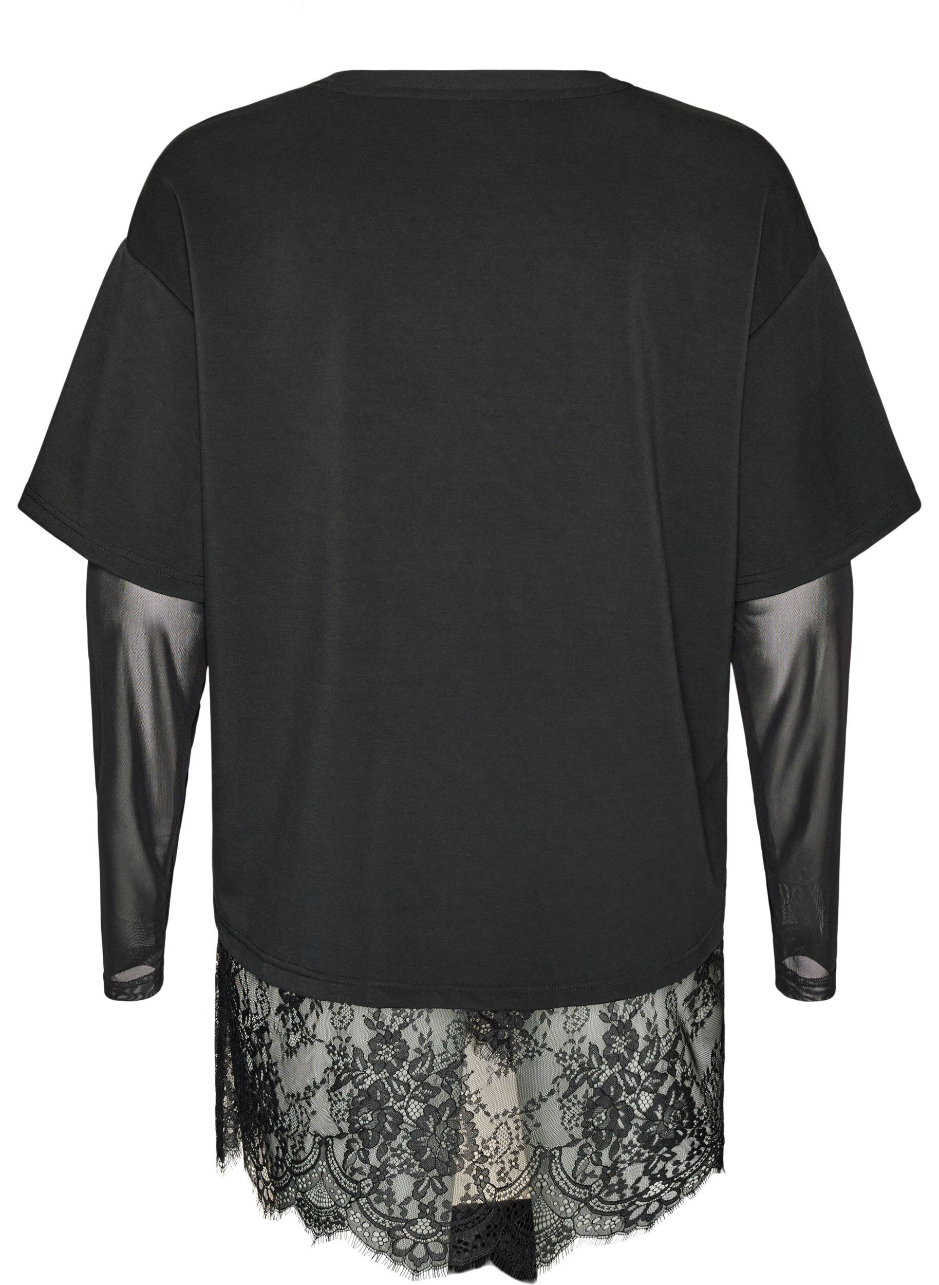 ZizzifashionBlouse with mesh sleeves and lace trim, Black, Packshot image number 1