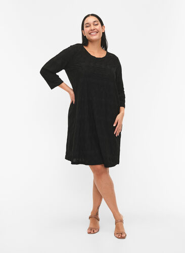 FLASH - Dress with texture and 3/4 sleeves, Black, Model image number 2