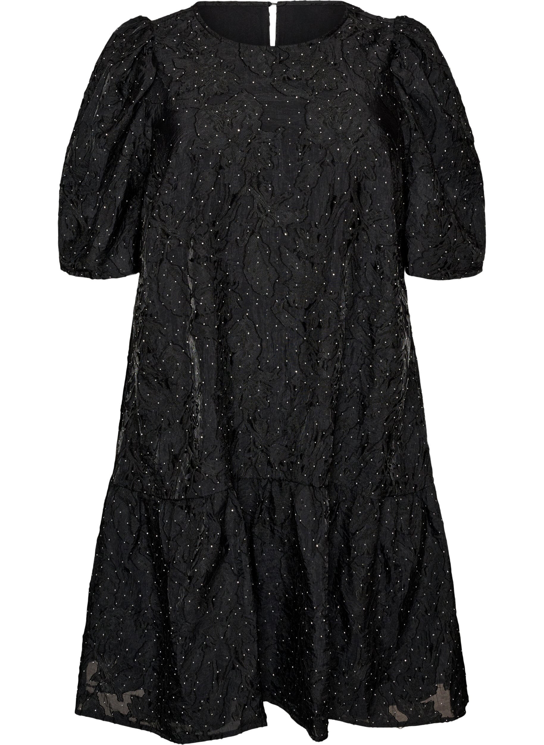 ZizzifashionJacquard dress with sparkly details and puff sleeves, Black, Packshot image number 0
