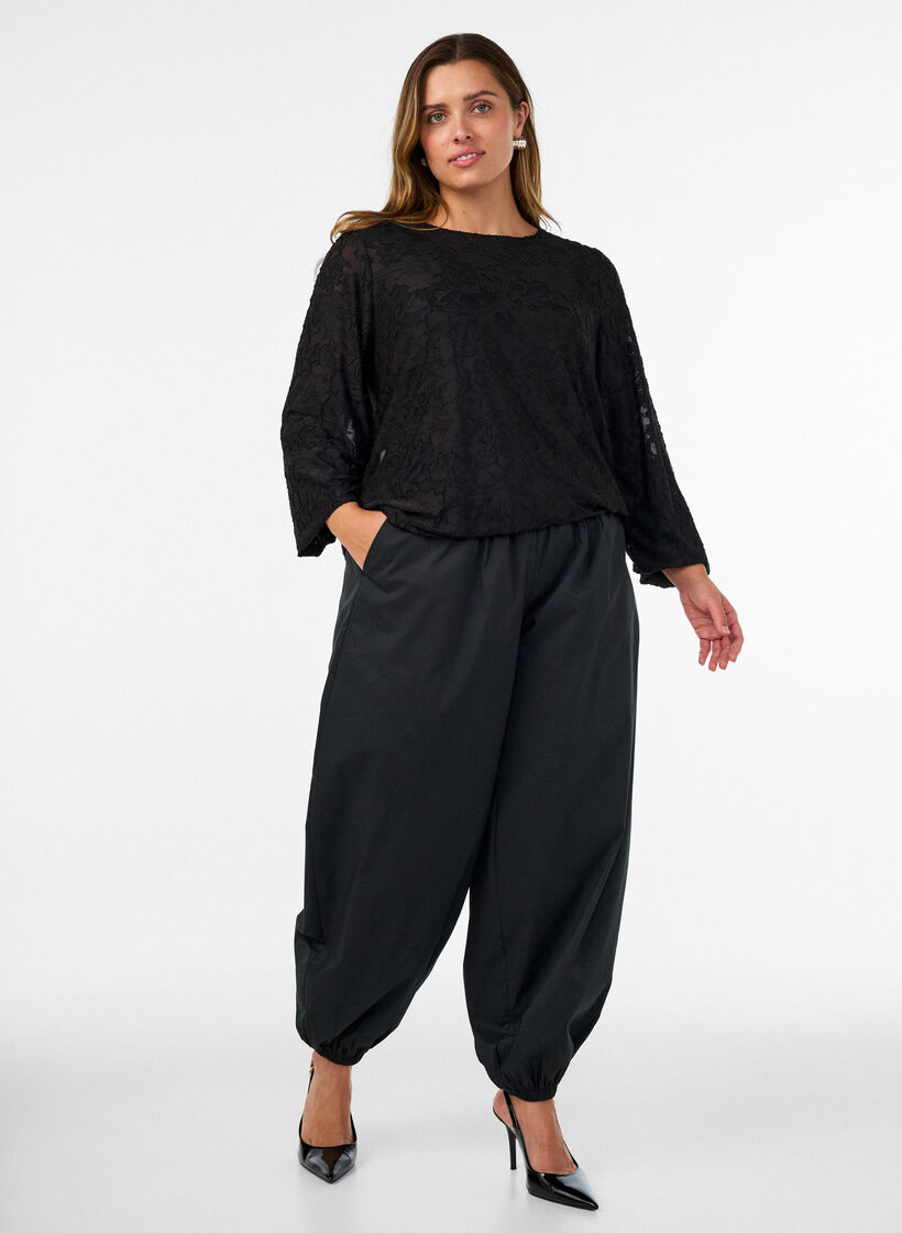 Sheer blouse with floral texture and long sleeves, Black, Model image number 1