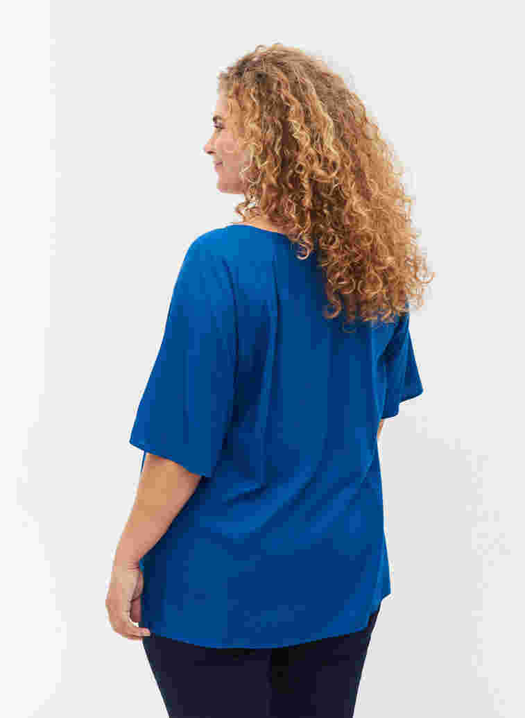 Short-sleeved viscose blouse with string detailing, Classic Blue, Model image number 1