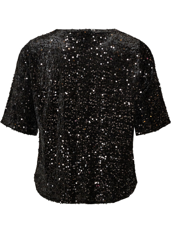 Sequin blouse with elbow-length sleeves, Black, Packshot image number 1