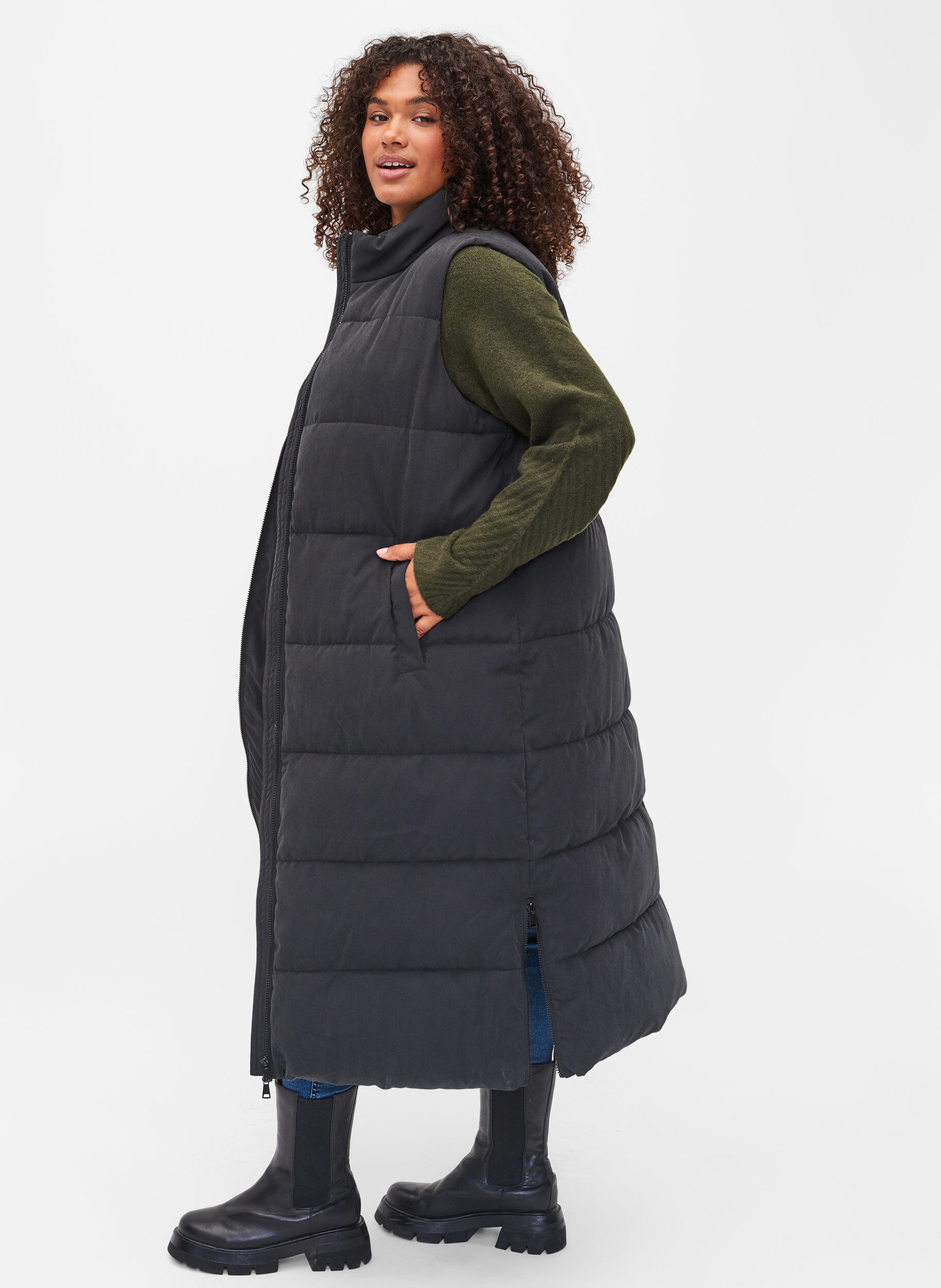 Zizzifashion Long vest with high collar and pockets, Black, Model image number 1