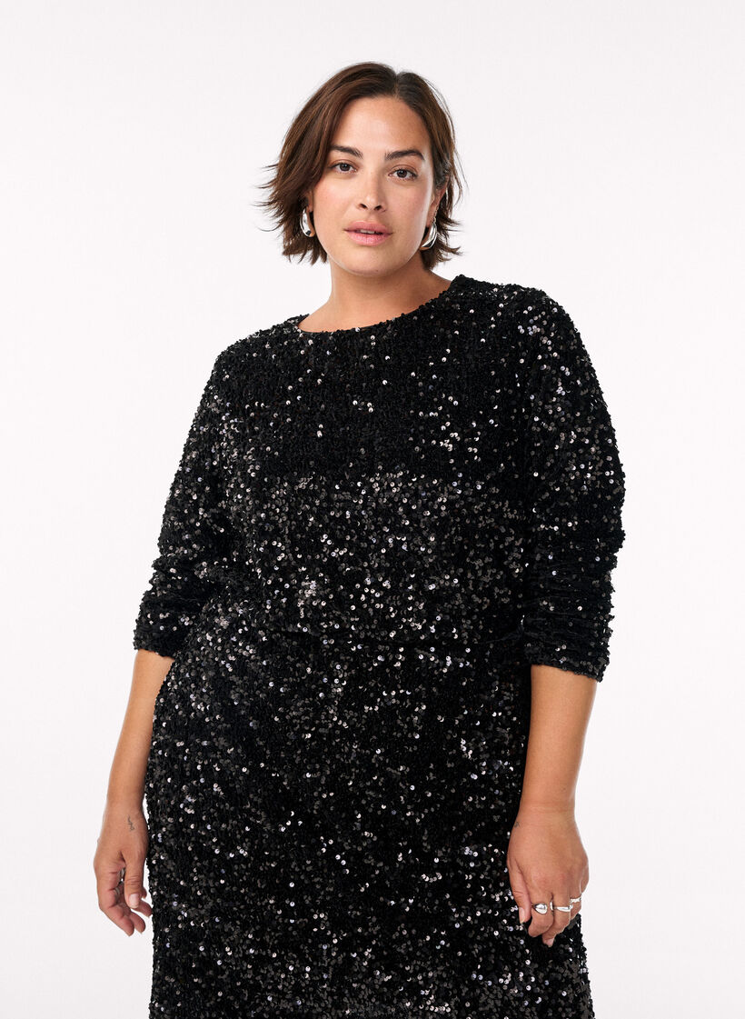 Sequin blouse with long sleeves, Black, Model image number 0