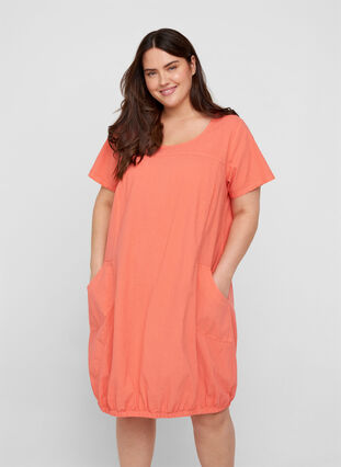 Short sleeve cotton dress, Hot Coral, Model image number 0