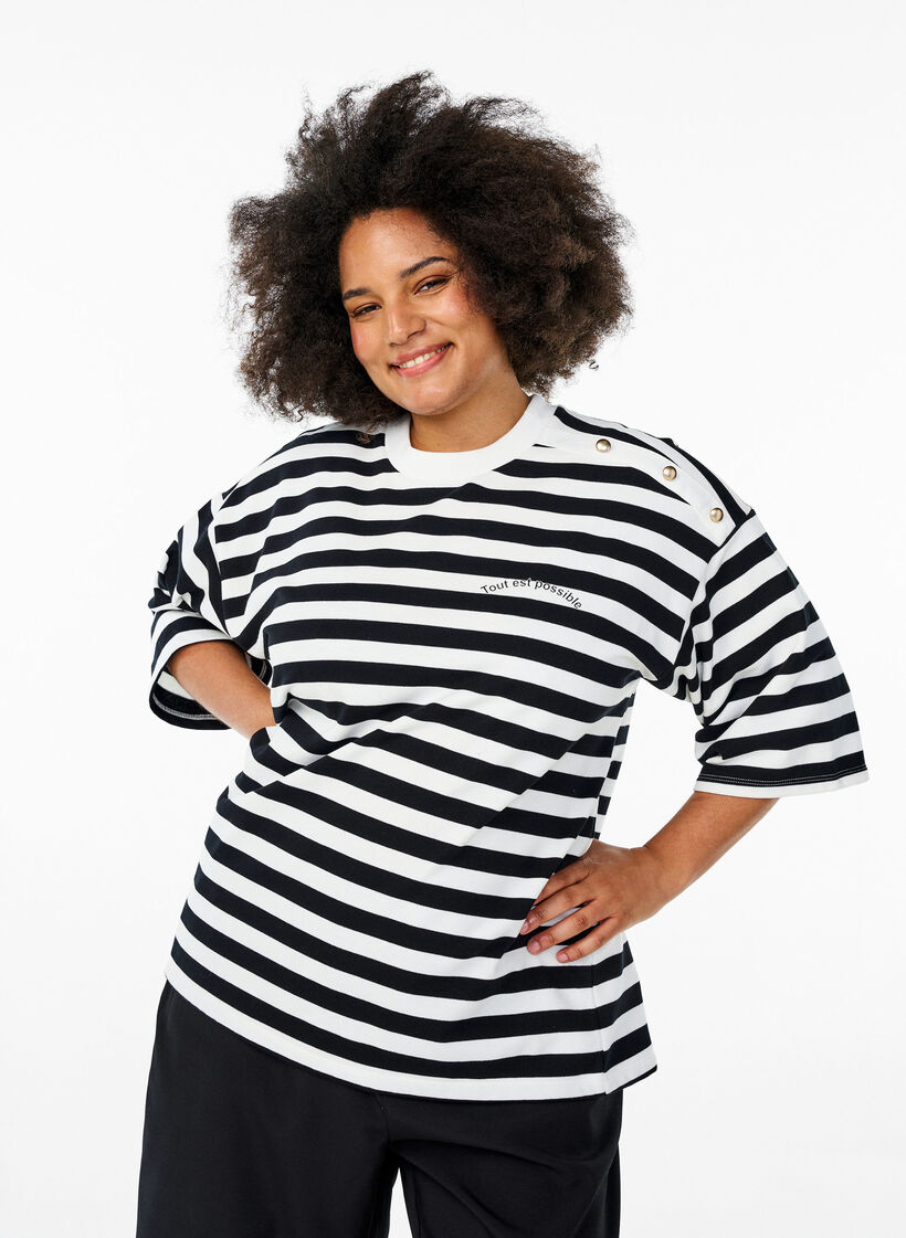Striped blouse with 3/4 sleeves and button detail, Black, Model image number 0