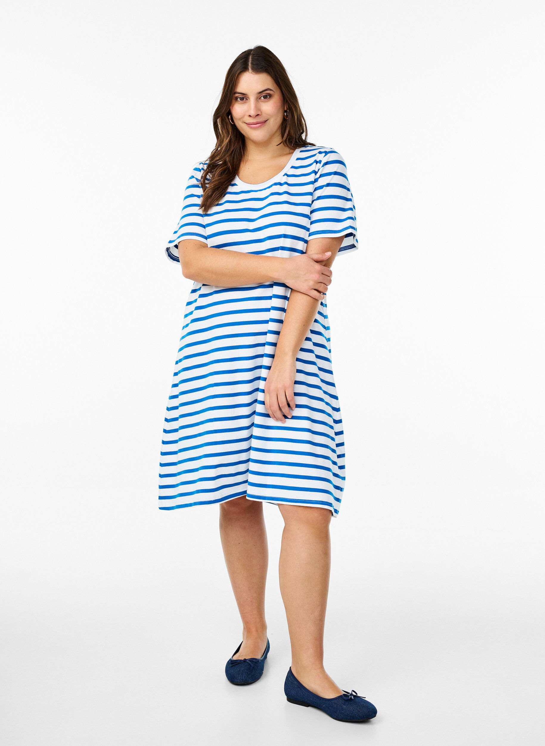 Zizzifashion Striped jersey dress with short sleeves, Blue, Model image number 0