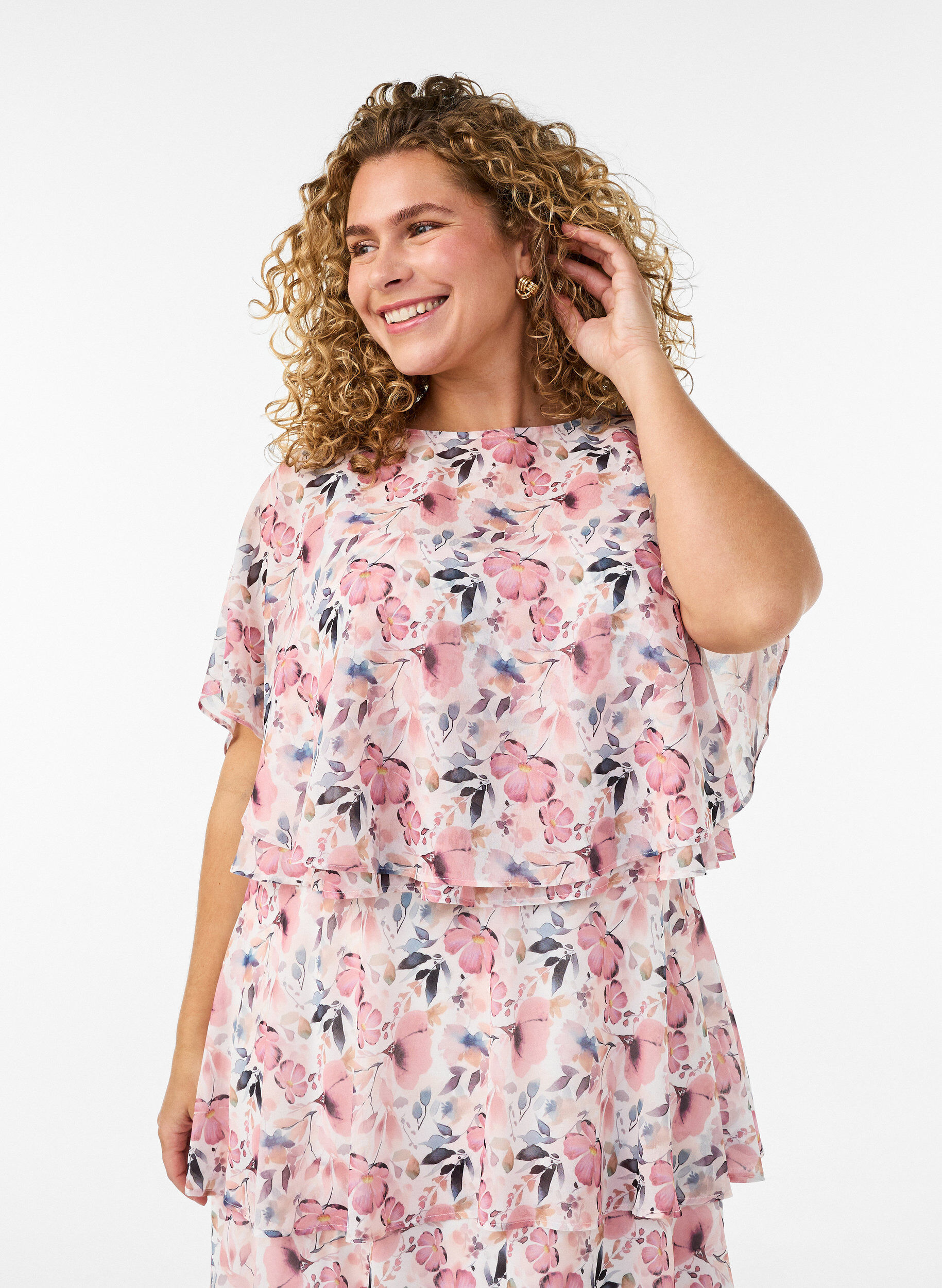 ZizzifashionMaxi dress with ruffle layers and detachable cape, White, Model image number 3