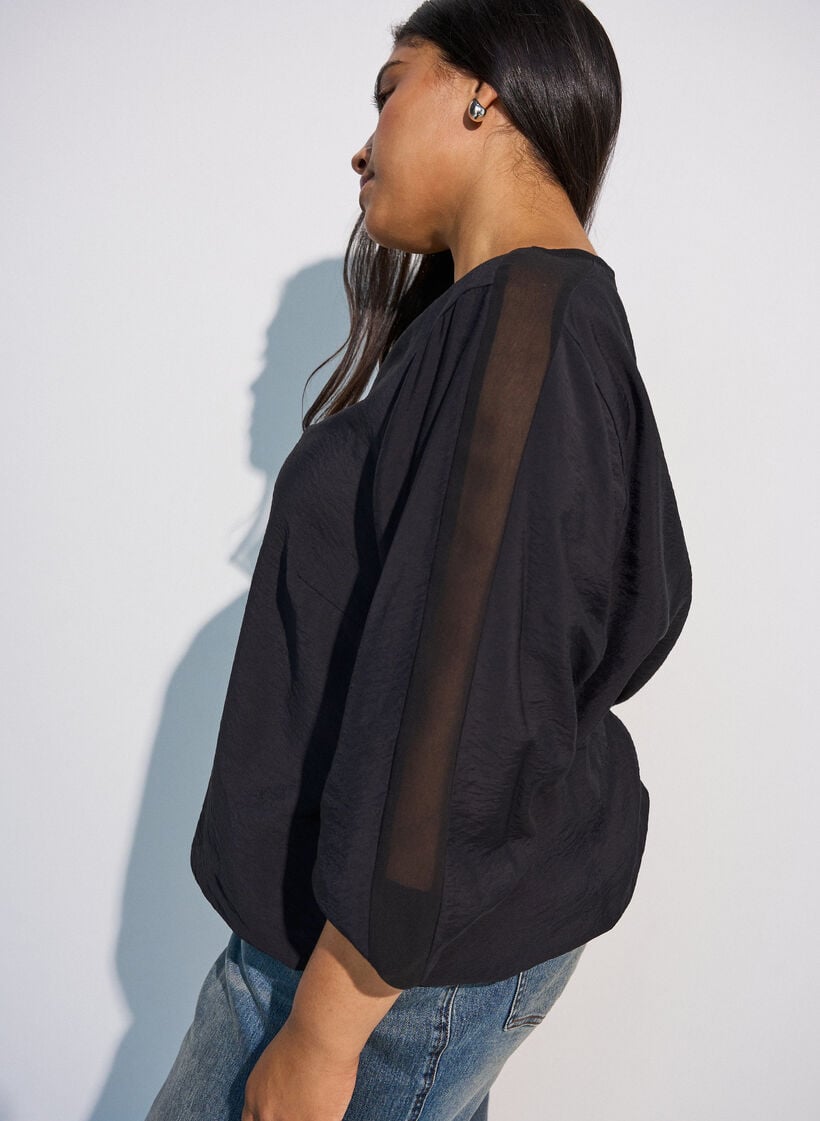 Blouse with balloon effect and chiffon details, Black, Model image number 3