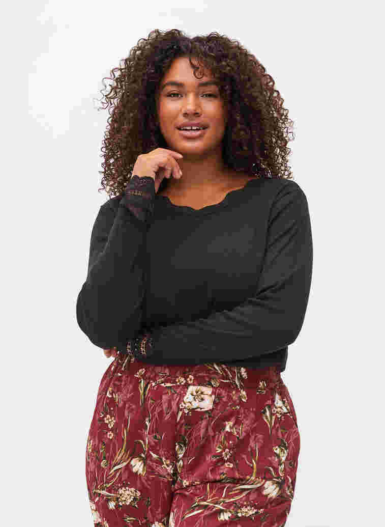Long-sleeved blouse with lace details, Black, Model image number 0