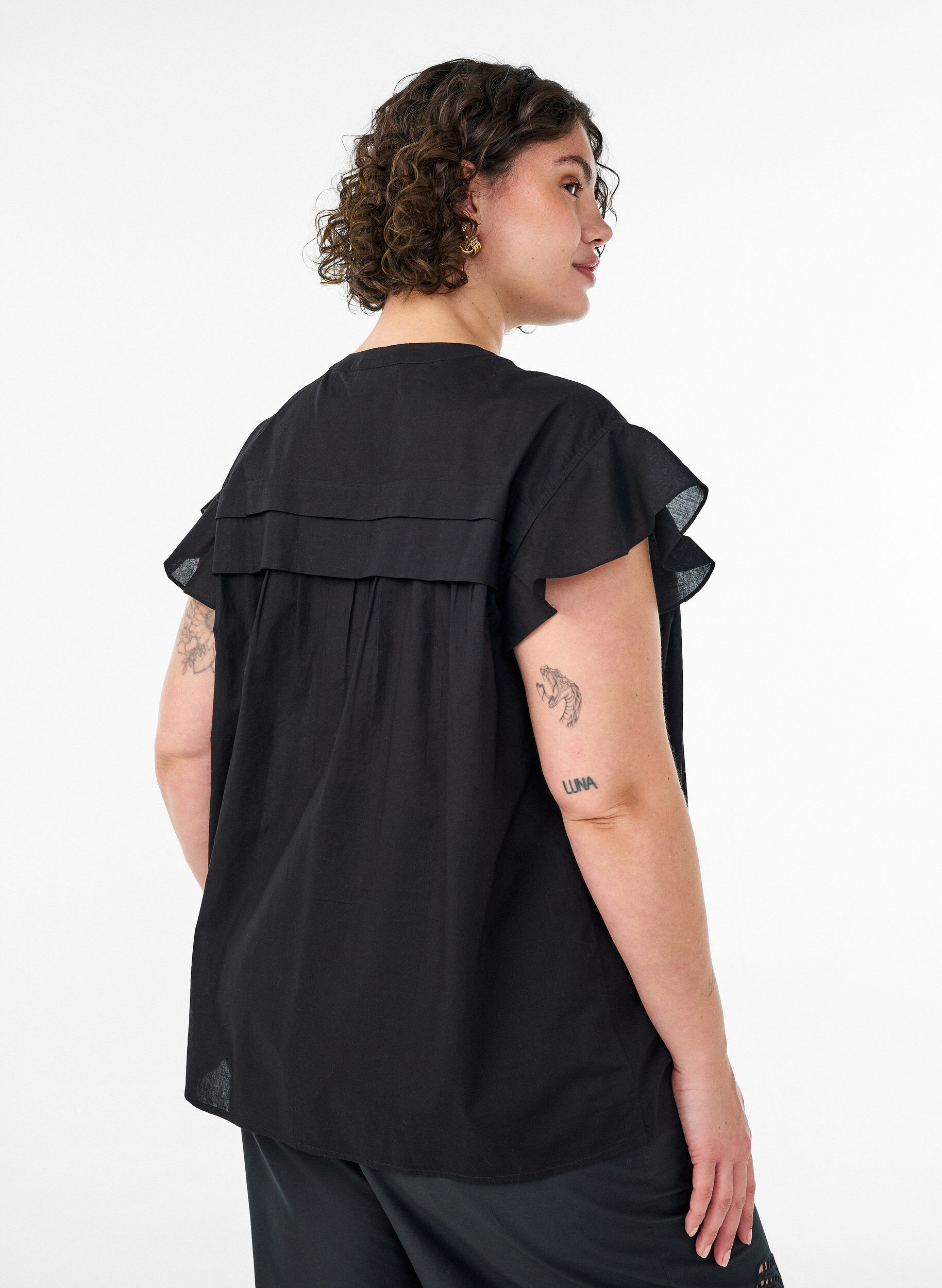 ZizzifashionSleeveless A-line cotton shirt blouse, Black, Model image number 2