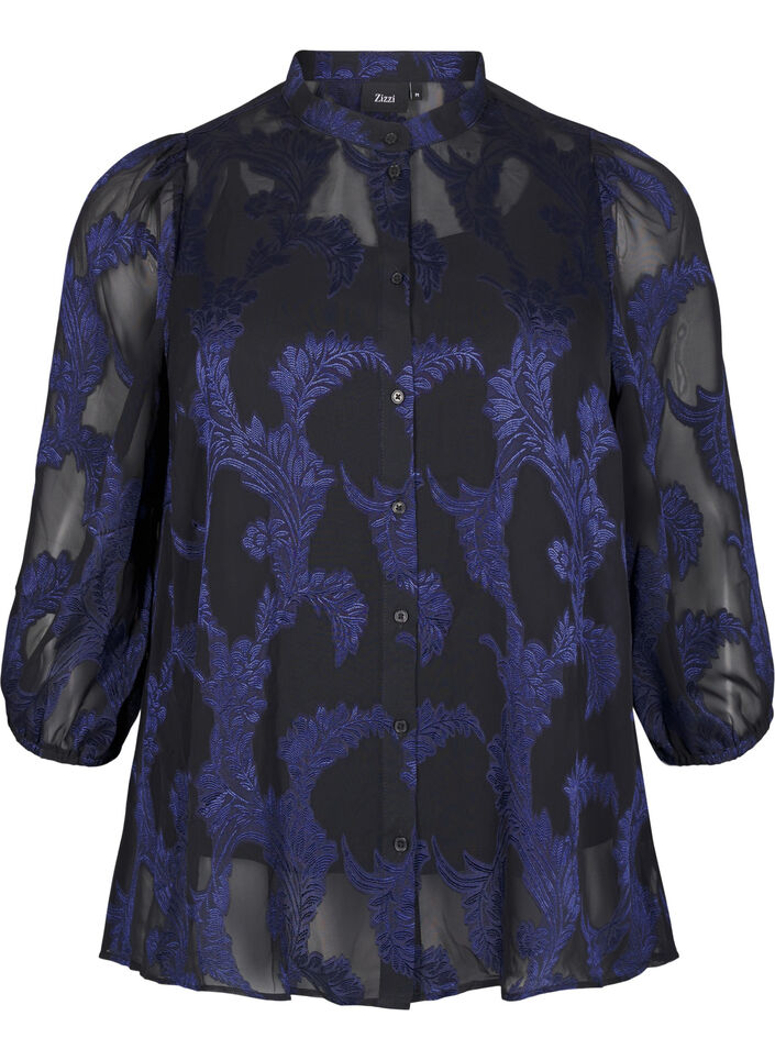 Chiffon blouse with jacquard pattern, Evening Blue, Packshot image number 0