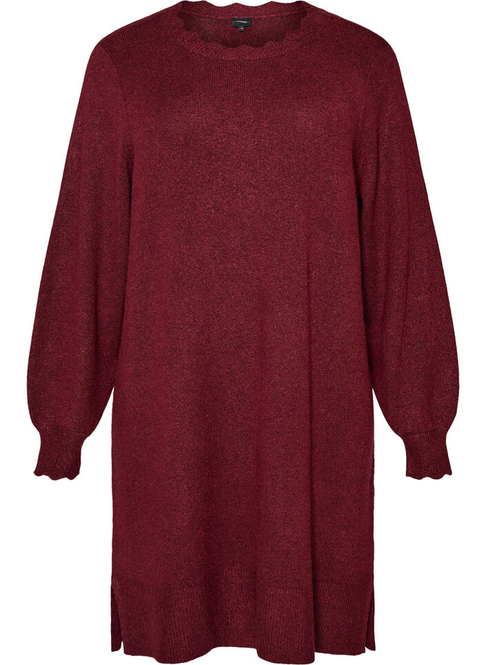 Short knitted dress with wavy hem and slits, Red, Packshot image number 0