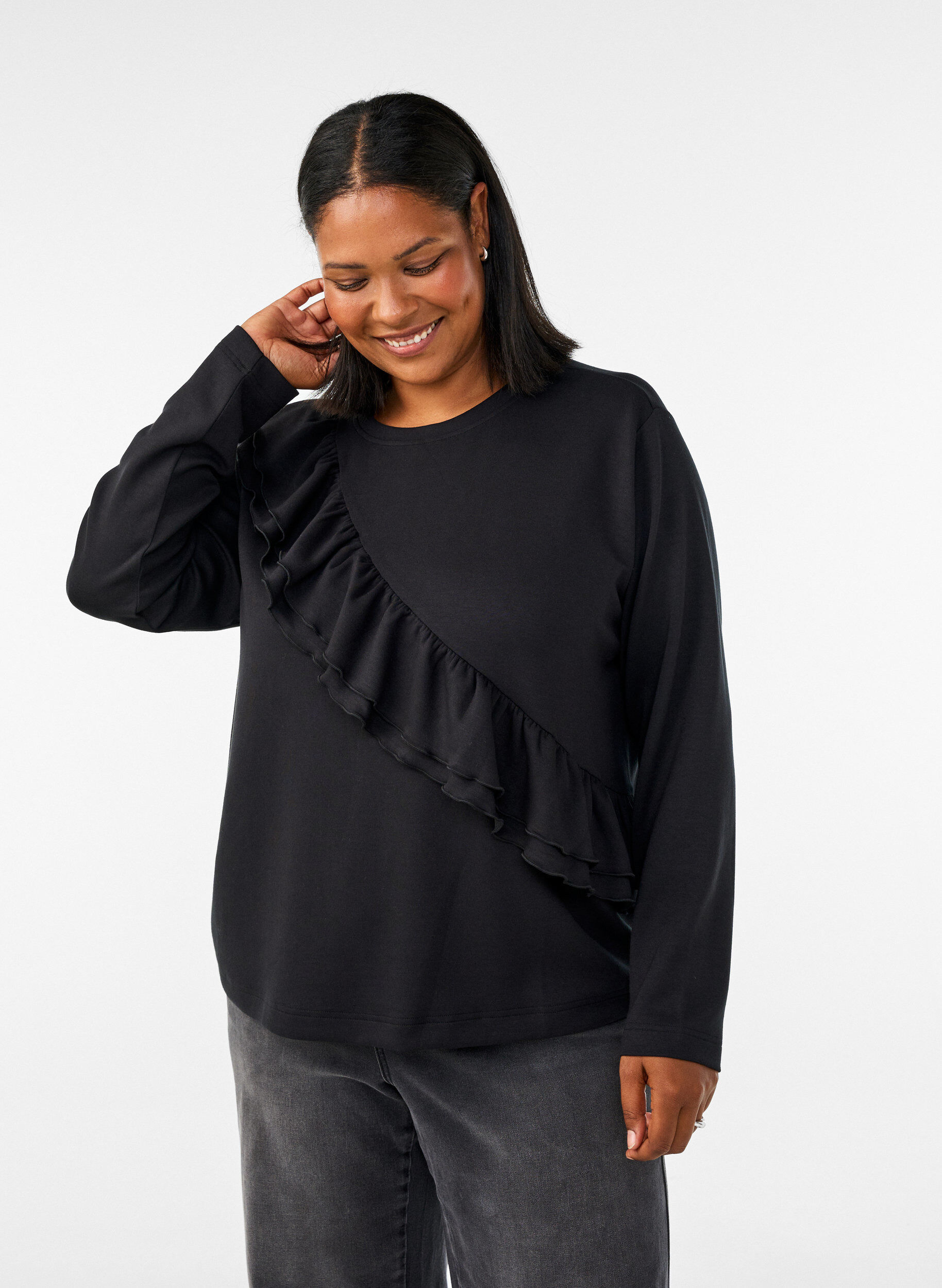 ZizzifashionJersey blouse with a diagonal ruffle detail, Black, Model image number 0