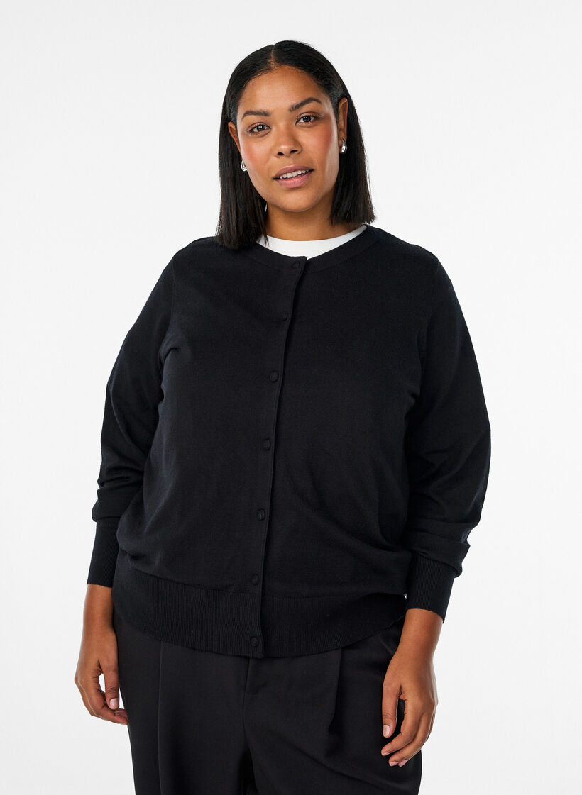 Cardigan with round neck and fabric-covered buttons, Black, Model image number 0