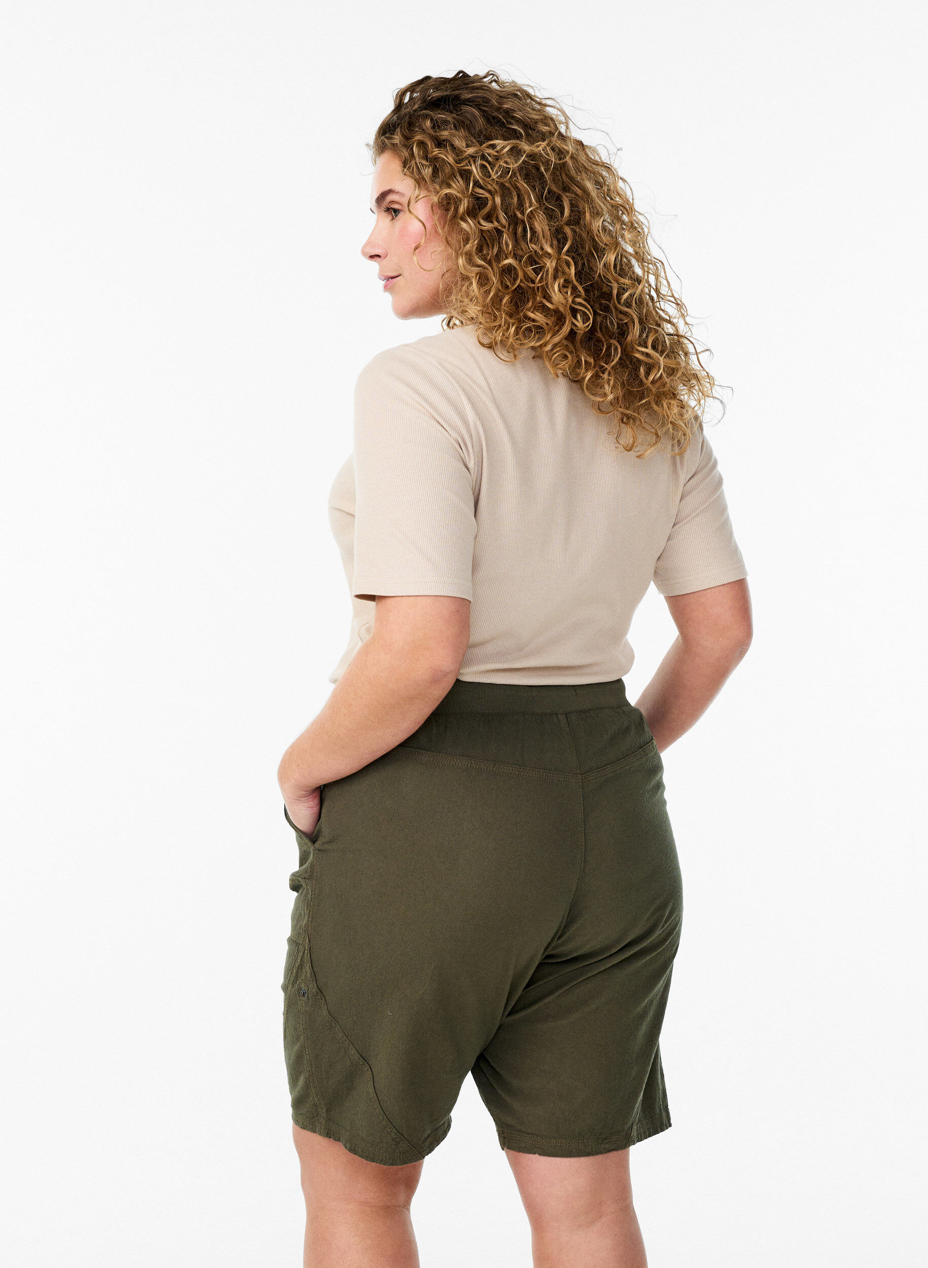 ZizzifashionLoose cotton shorts with pockets, Green, Model image number 2