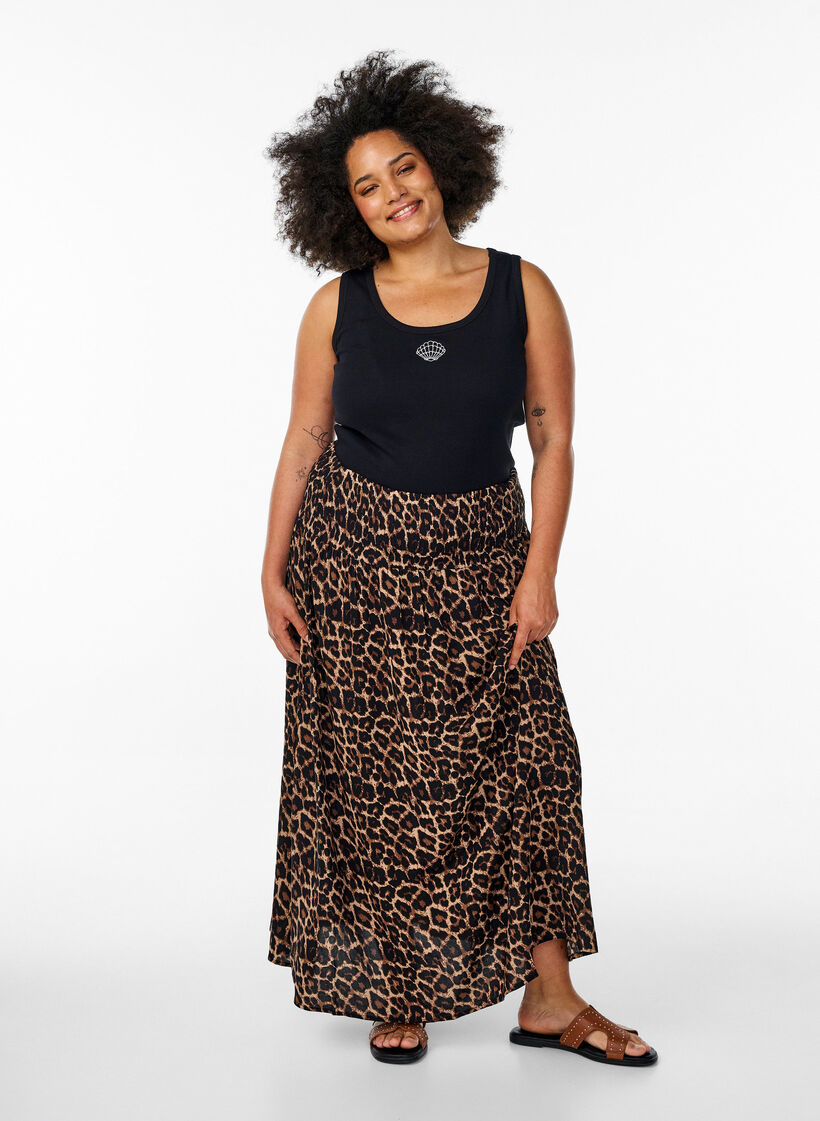 FLASH - Viscose maxi skirt with smocking, Brown, Model image number 0