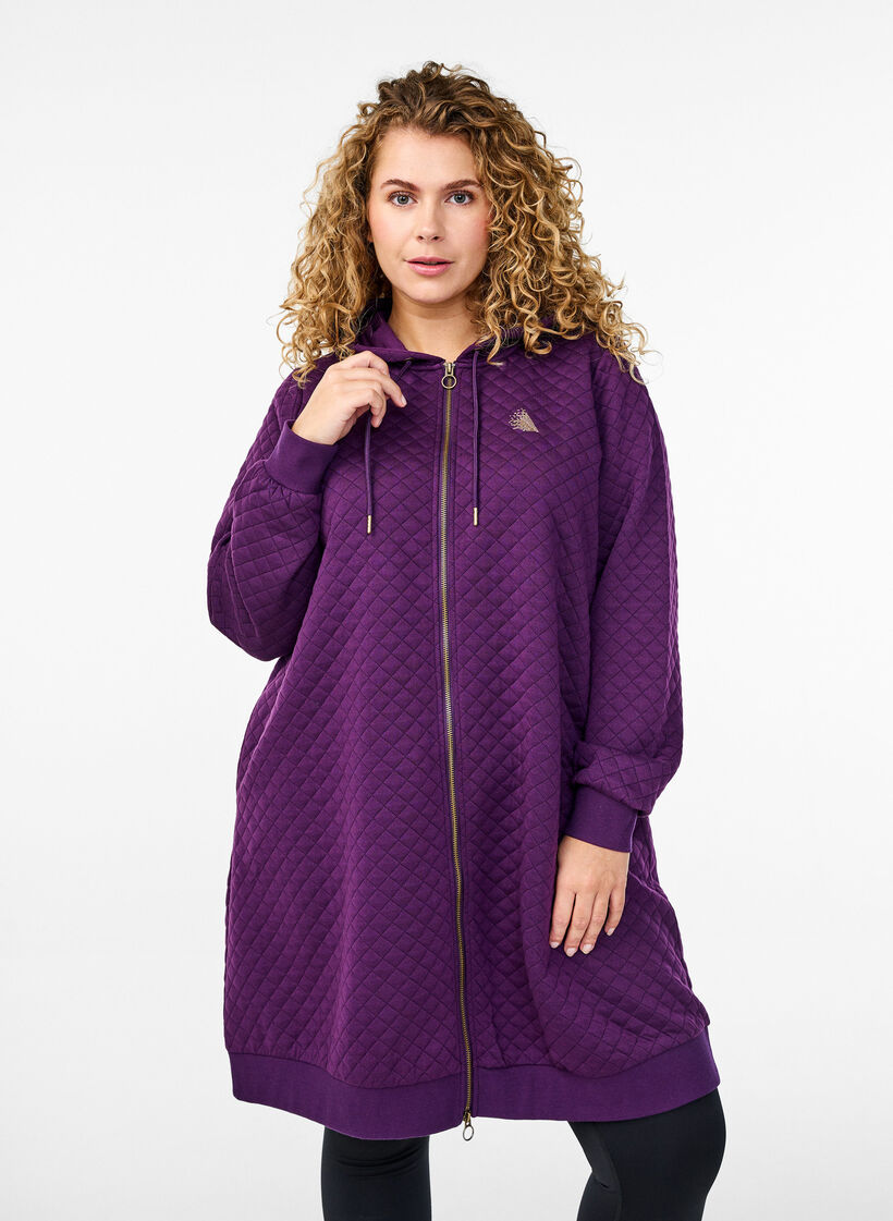 Long quilted sports cardigan with zipper, Purple, Model image number 0