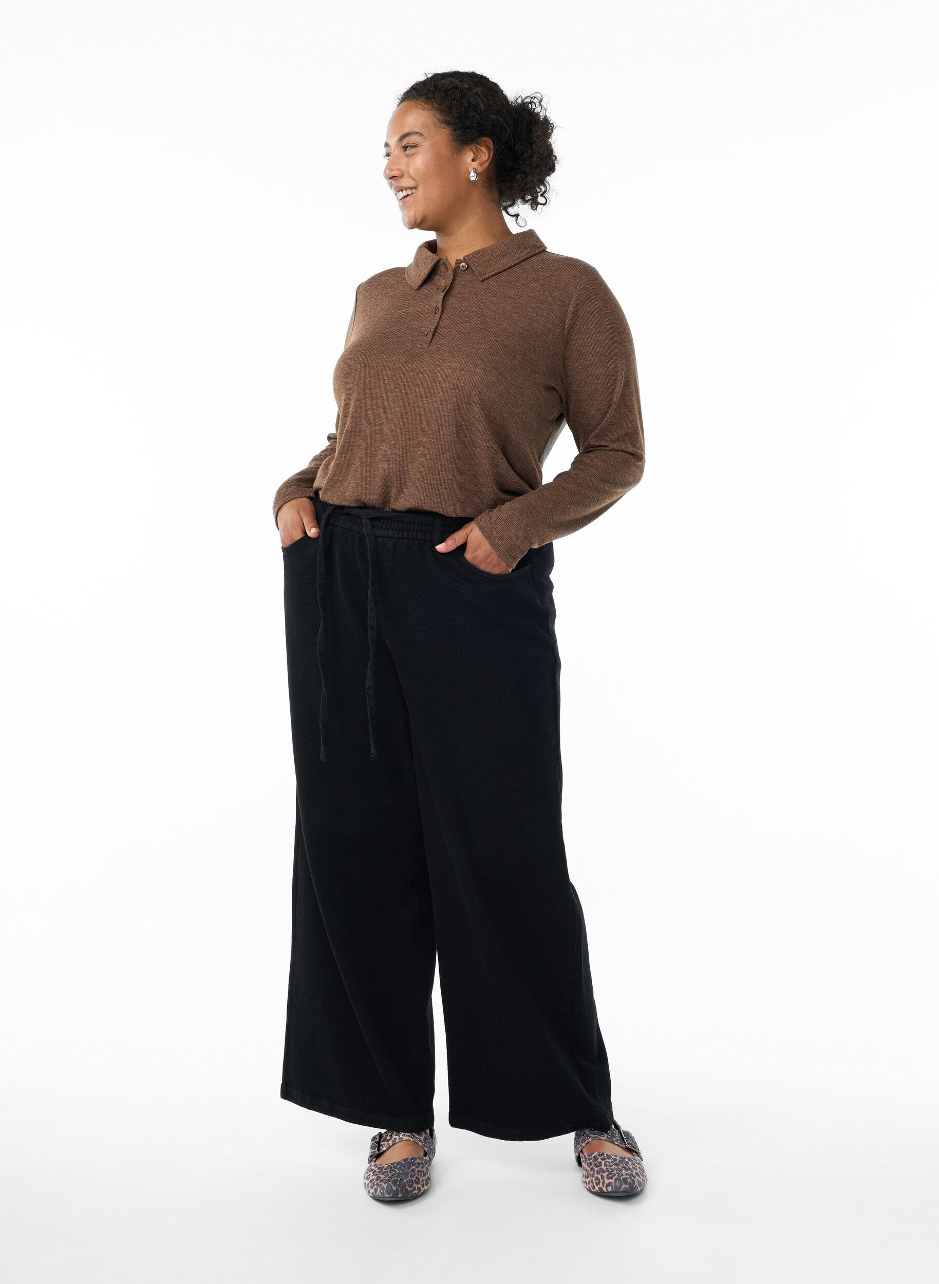 Zizzifashion Long-sleeved polo in stretchy ribbed quality, Brown, Model image number 1