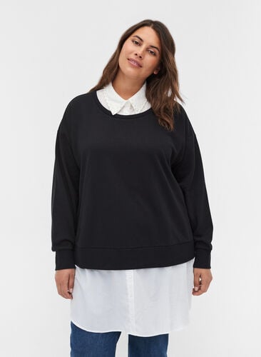 Sweater with attached shirt - Black - Sz. 42-60 - Zizzifashion