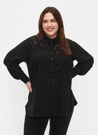 Cotton shirt with broderie anglaise, Black, Model