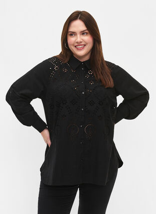 Cotton shirt with broderie anglaise, Black, Model image number 0