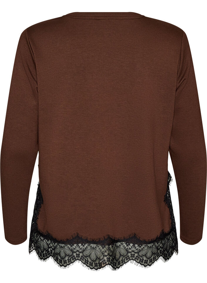 Jersey blouse with lace trim, Brown, Packshot image number 1