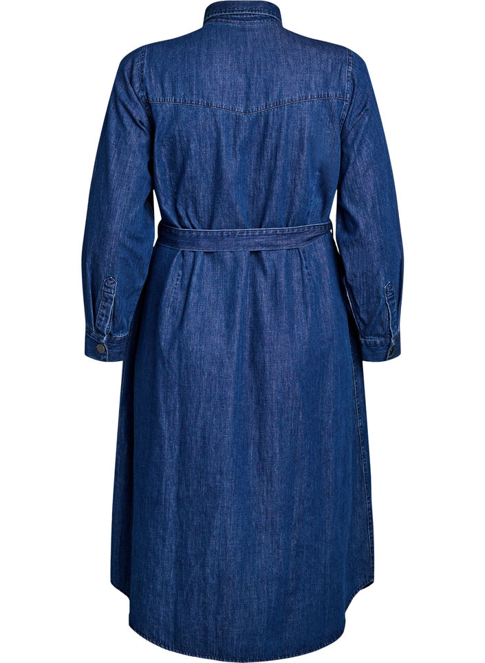 Midi denim dress with tie belt, Blue, Packshot image number 1