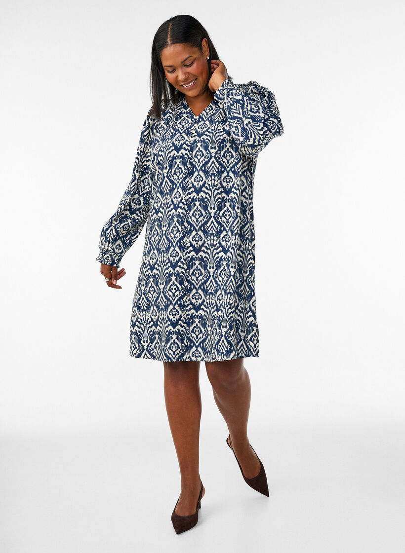 Patterned viscose dress with long sleeves, Blue, Model image number 1