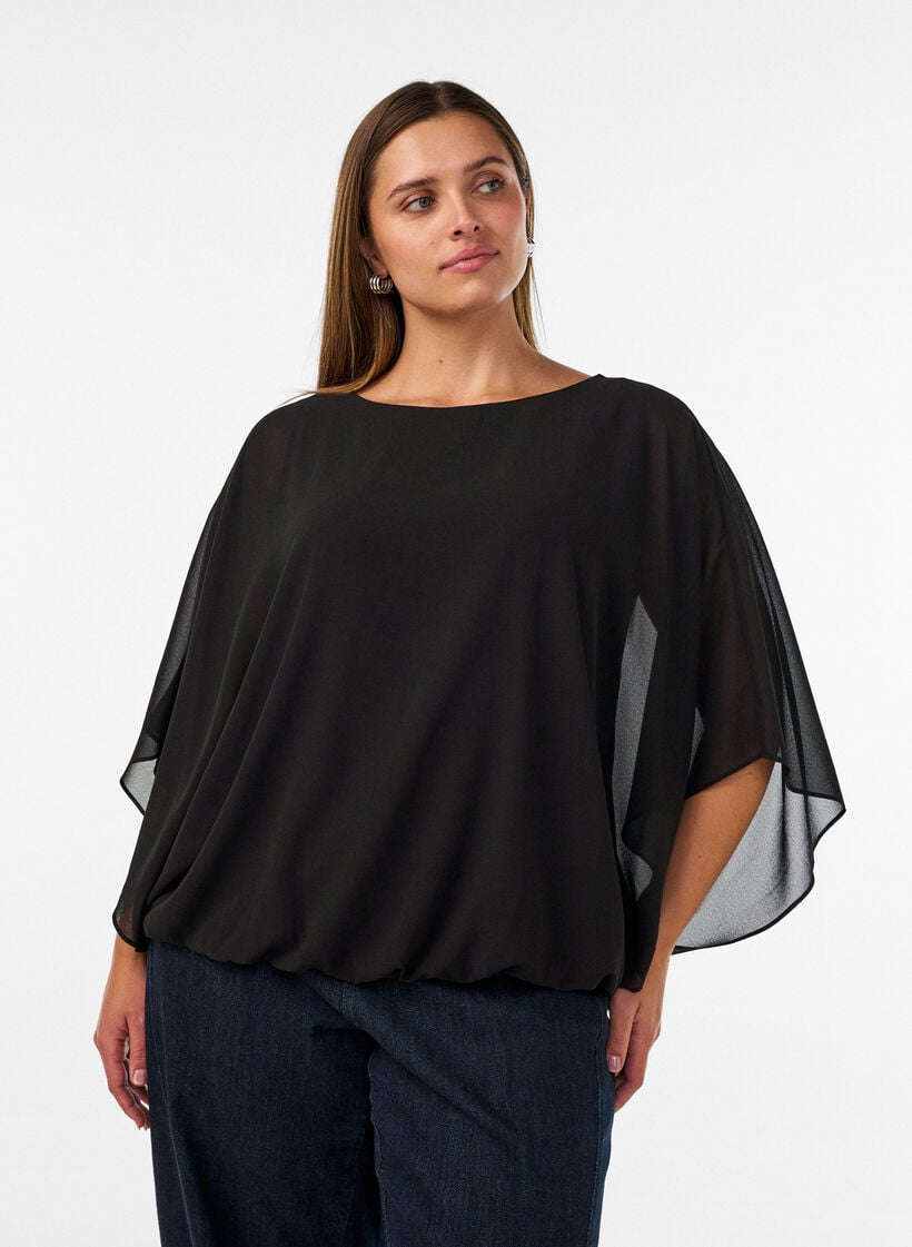 Chiffon blouse with balloon effect, Black, Model image number 0