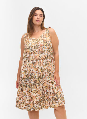 Printed viscose midi dress, Curry Graphic AOP, Model image number 0