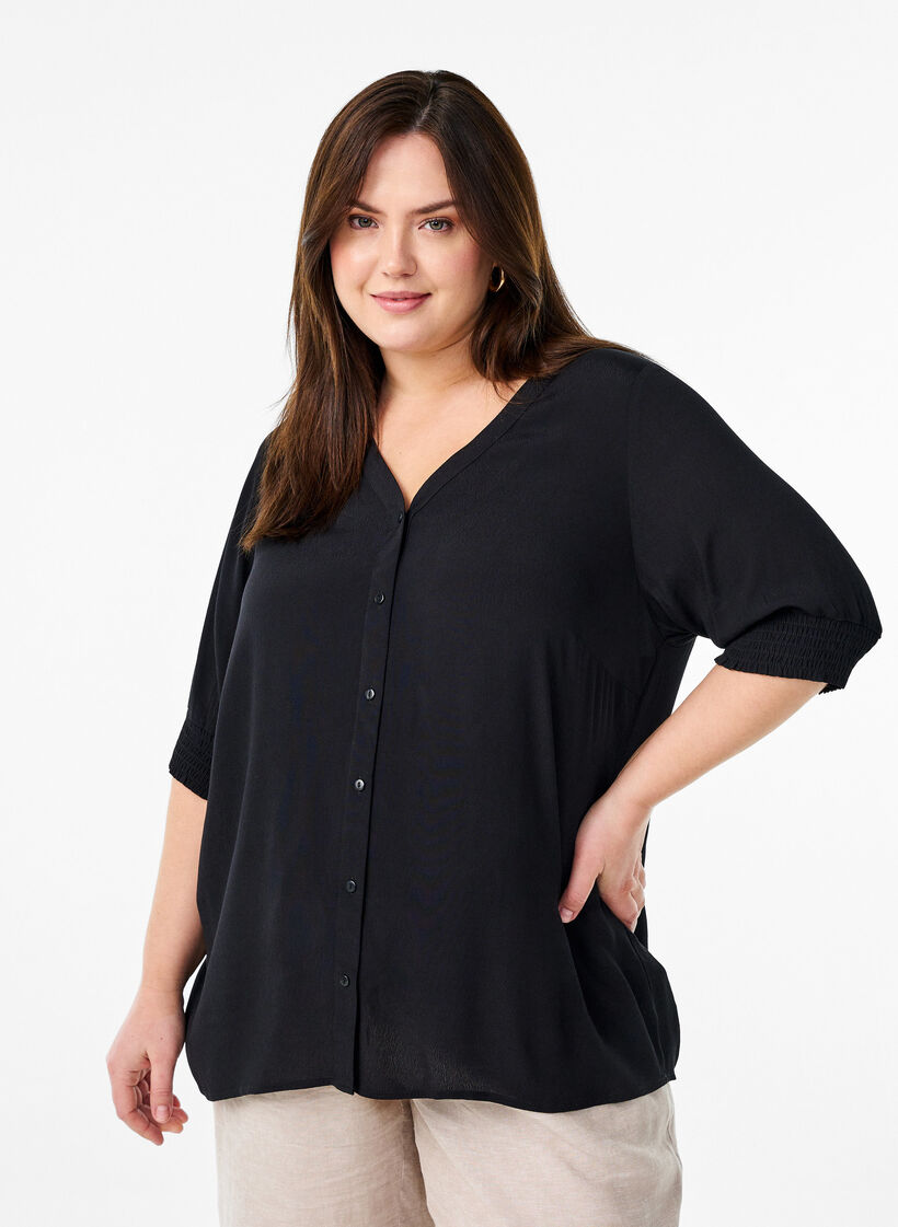 Short-sleeved viscose blouse, Black, Model image number 0
