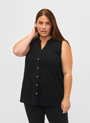 Sleeveless viscose blouse with crochet detail, Black, Model image number 0