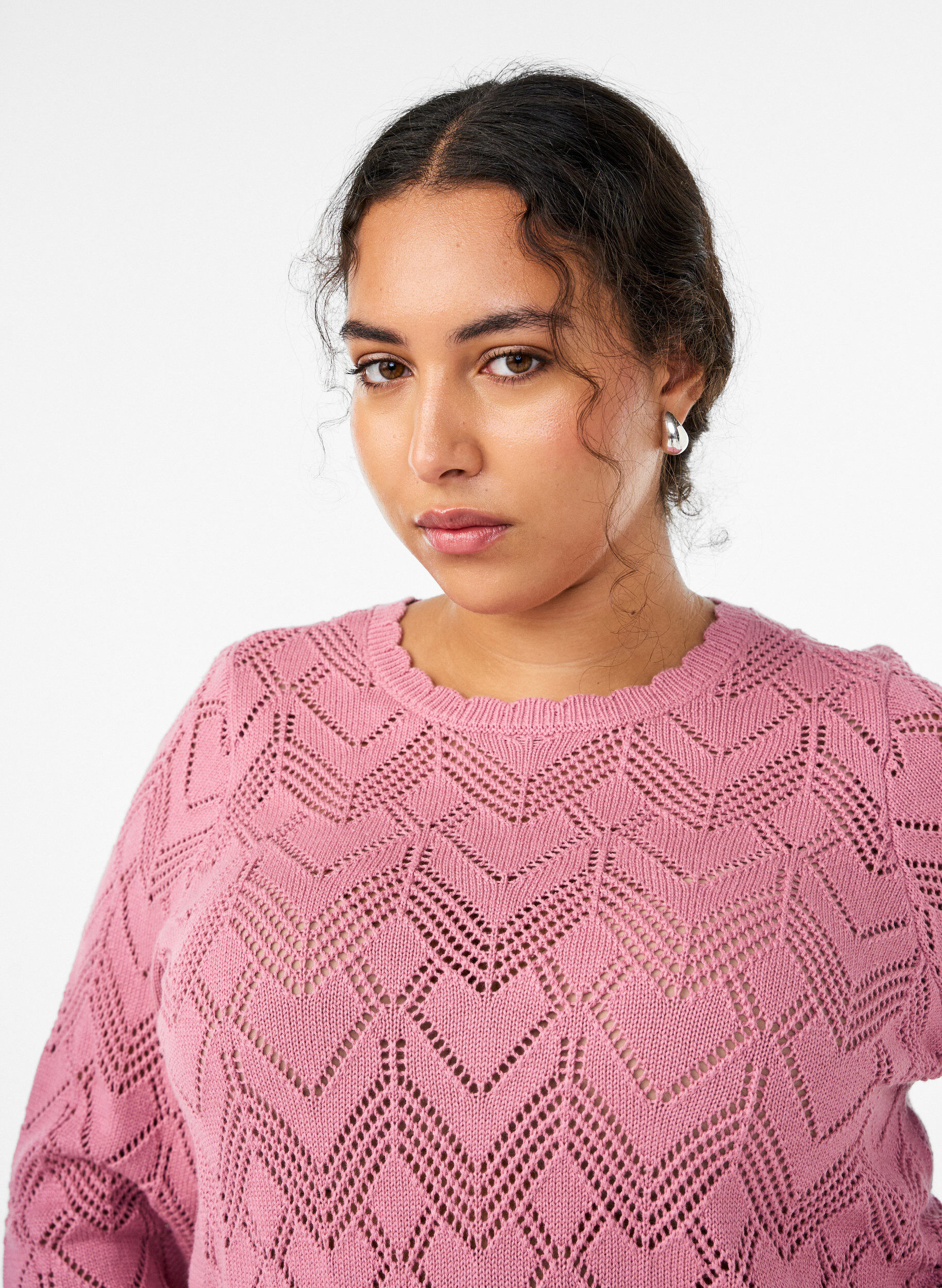 Zizzifashion Patterned knit blouse with wavy edge and round neckline, Rose, Model image number 3
