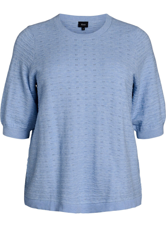 Knitted blouse with textured pattern and short sleeves, Light Blue, Packshot image number 0