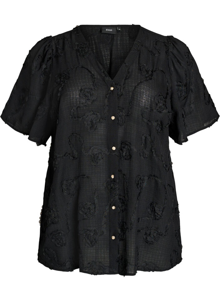 Short-sleeved shirt blouse with a 3D flower effect, Black, Packshot image number 0