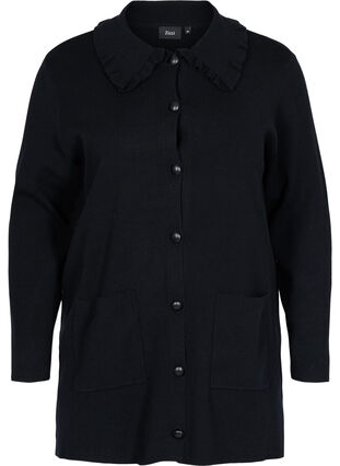 Knitted cardigan with a ruffle collar and pockets, Black, Packshot image number 0
