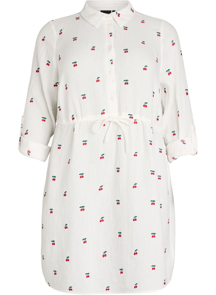 Shirt dress in cotton muslin with embroidered motifs, Vanilla, Packshot image number 0