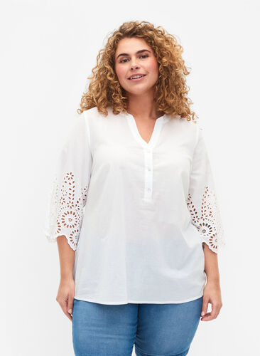 Shirt-blouse with broderie anglaise and 3/4 sleeves, Bright White, Model image number 0