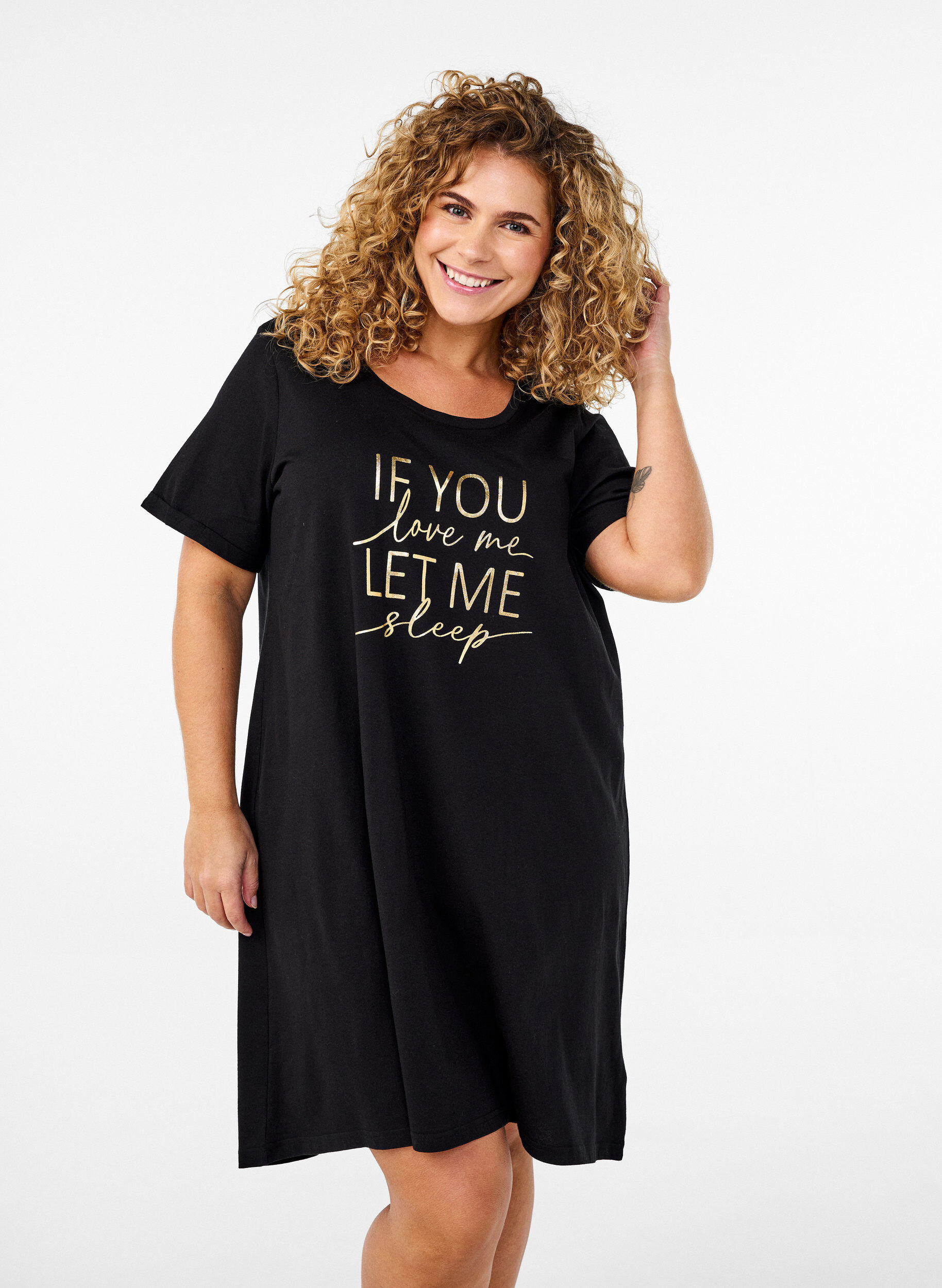 ZizzifashionShort-sleeved nightgown in organic cotton, Black, Model image number 0